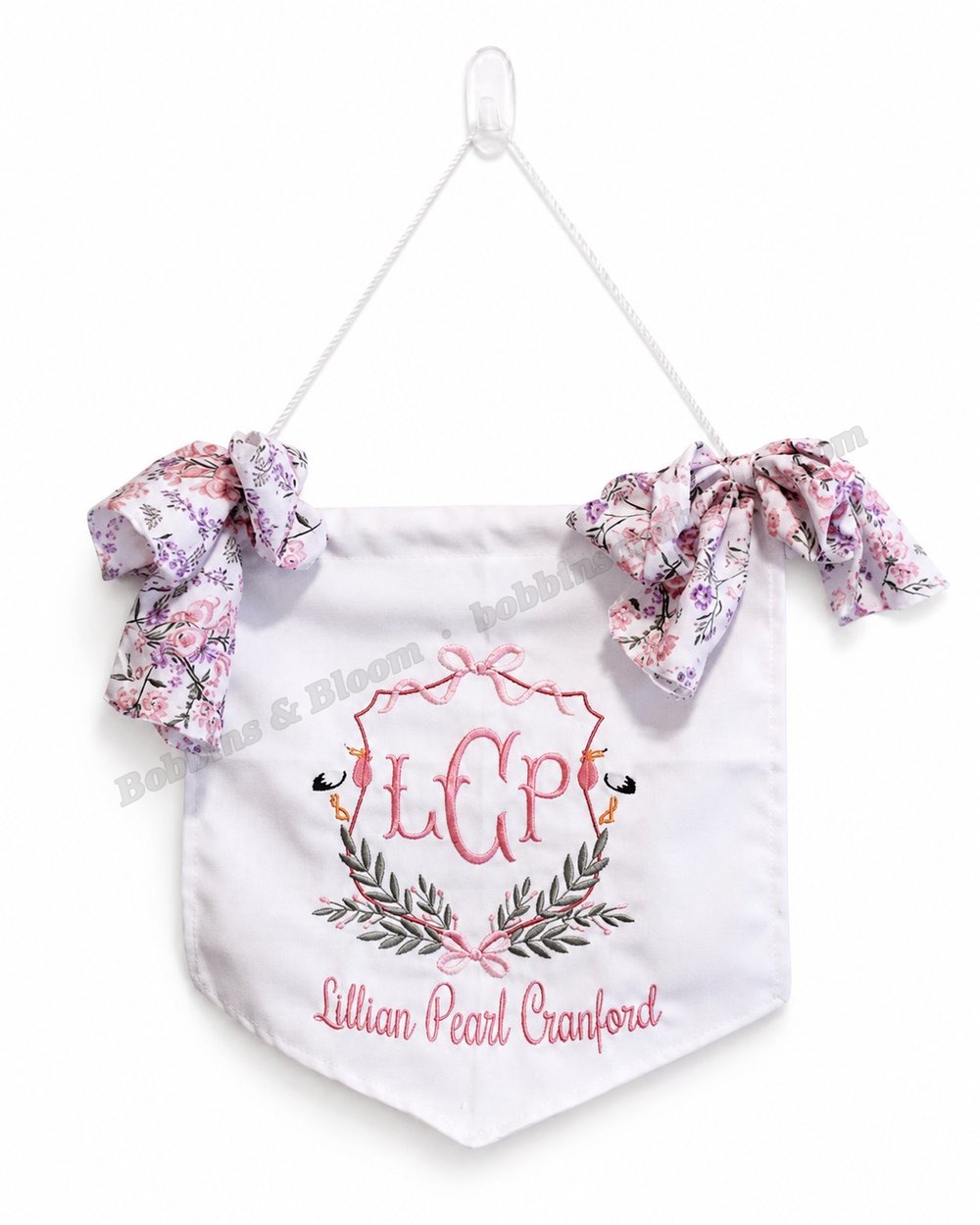 Embroidered announcement banner with floral bows, personalized Lillian Pearl Cranford