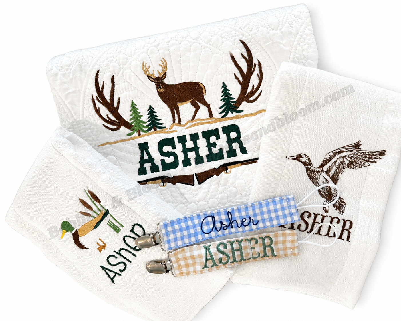 Personalized woodland-themed baby bundle with burp cloth, quilt, and paci clips, embroidered Asher