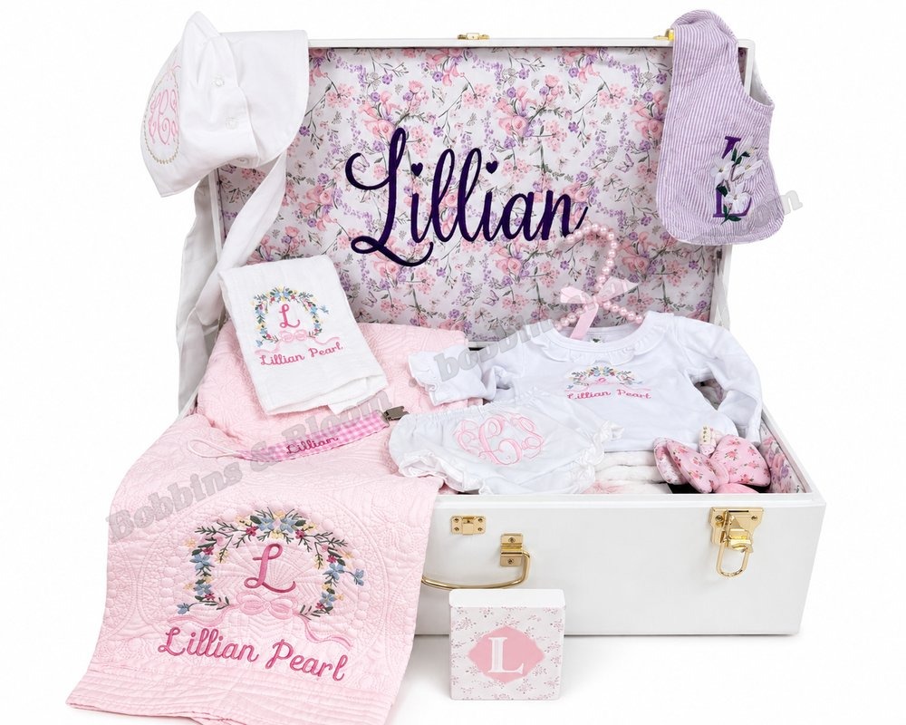 Personalized baby bundle gift set in monogrammed keepsake trunk, Lillian Pearl