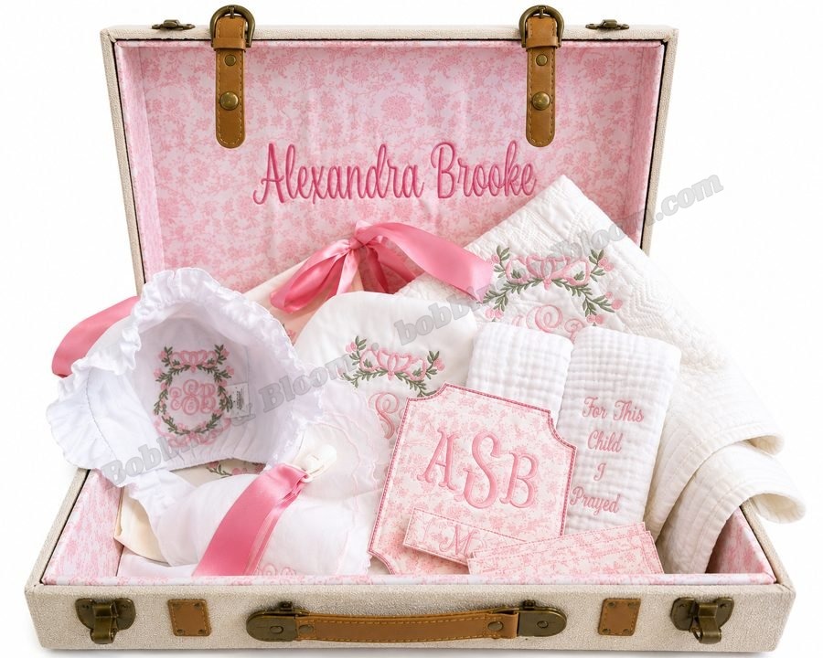 Personalized baby bundle gift set in monogrammed keepsake trunk, Alexandra Brooke
