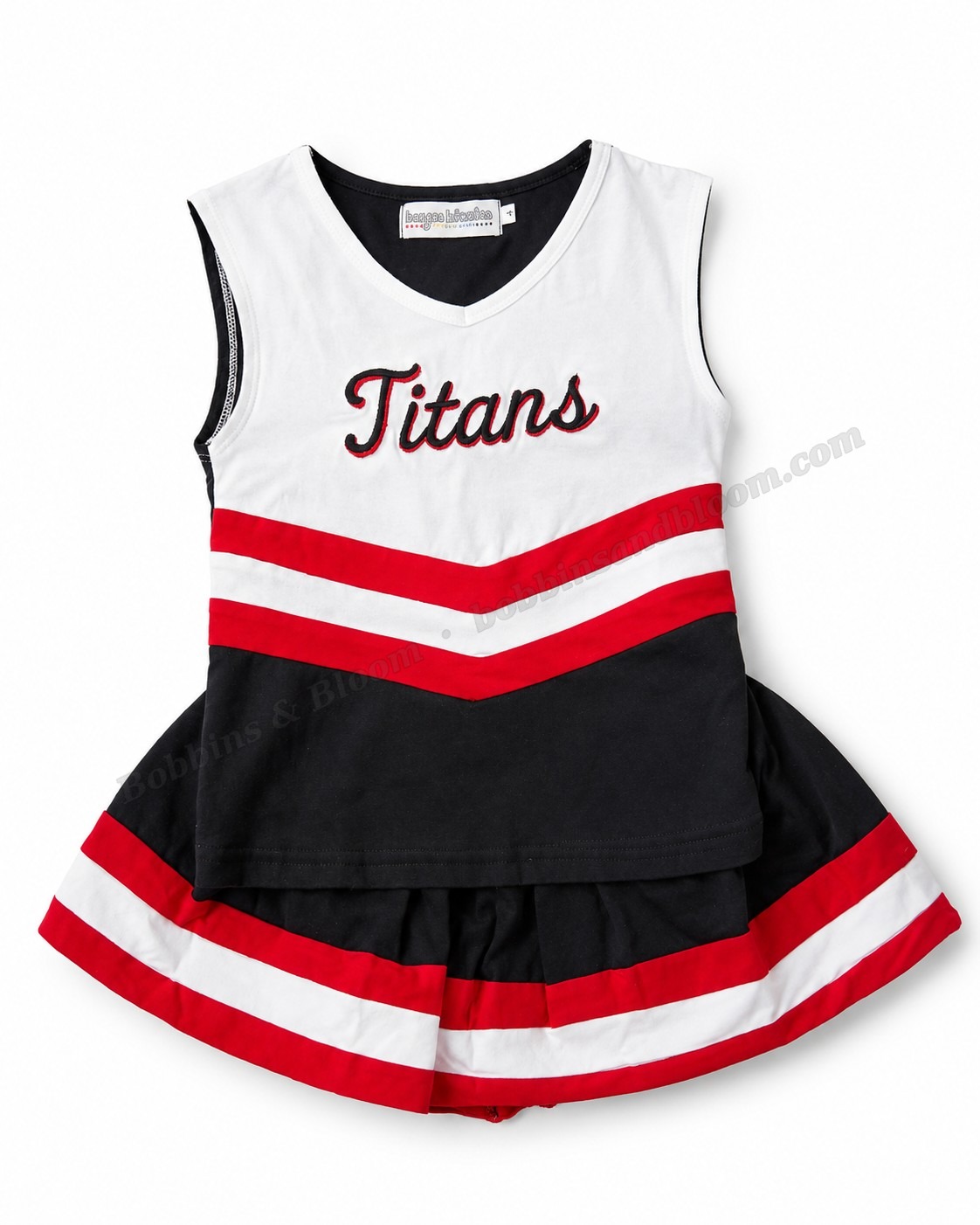 Sleeveless cheer outfit embroidered with the team name Titans in red and black