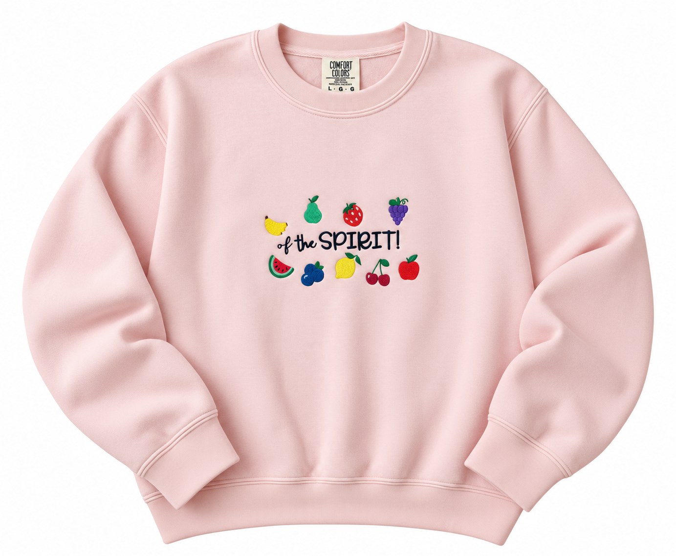 Pink Comfort Colors sweatshirt embroidered with fruit icons and the words of the SPIRIT