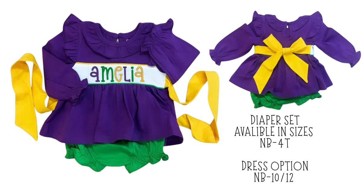 Purple ruffle top with a gold bow sash and green bloomers, with a name embroidered in purple, green and gold
