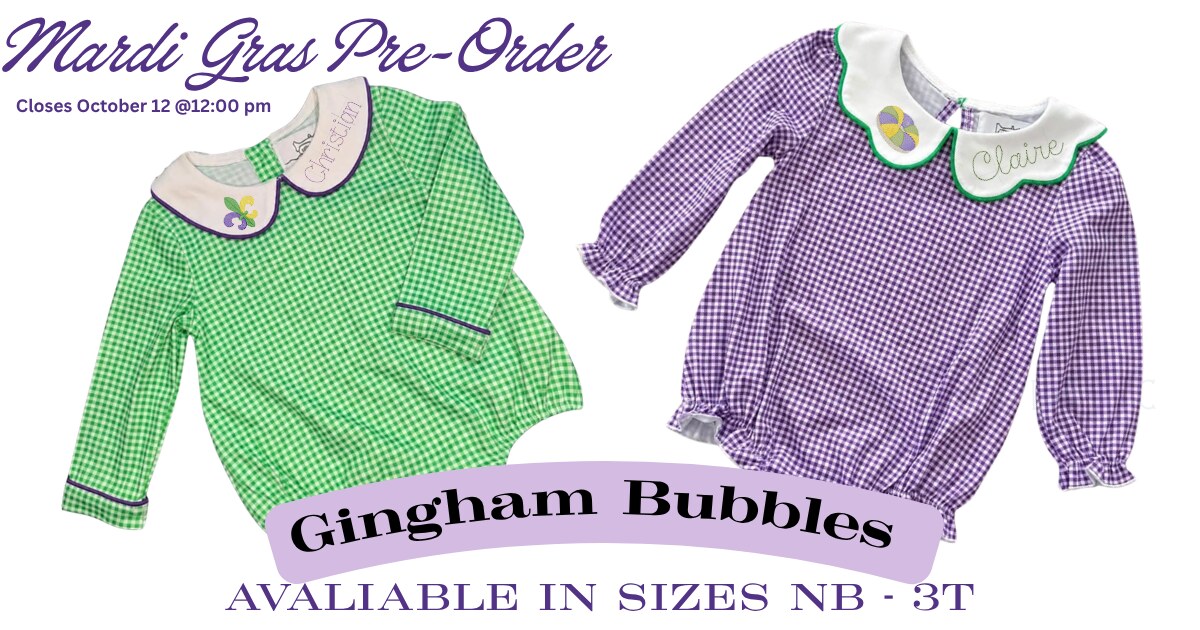 Mardi Gras gingham bubbles in green and purple with fleur-de-lis and king cake collar designs