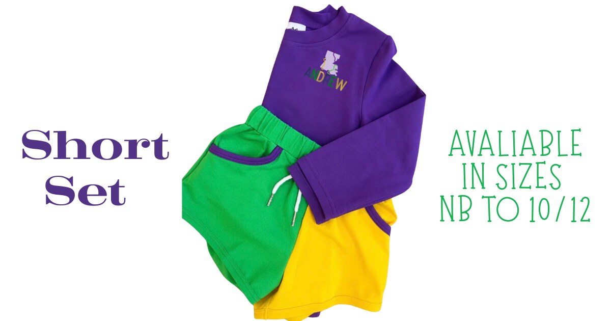 Purple long sleeve top with color-blocked green and gold shorts, embroidered with a Louisiana design and name