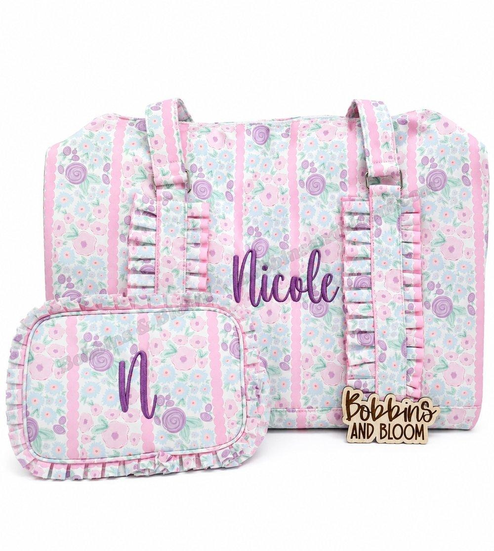 Personalized floral striped duffle and pouch monogrammed Nicole