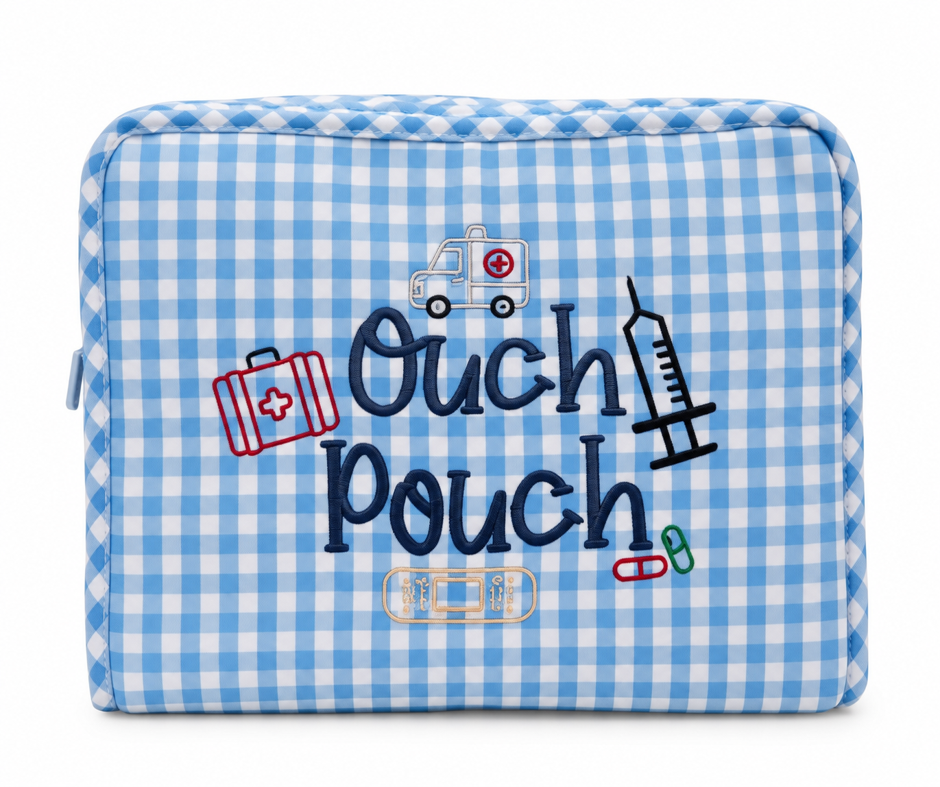 Finished Ouch Pouch in blue gingham with the ambulance, first aid kit, syringe, bandage, and pills design embroidered on the front