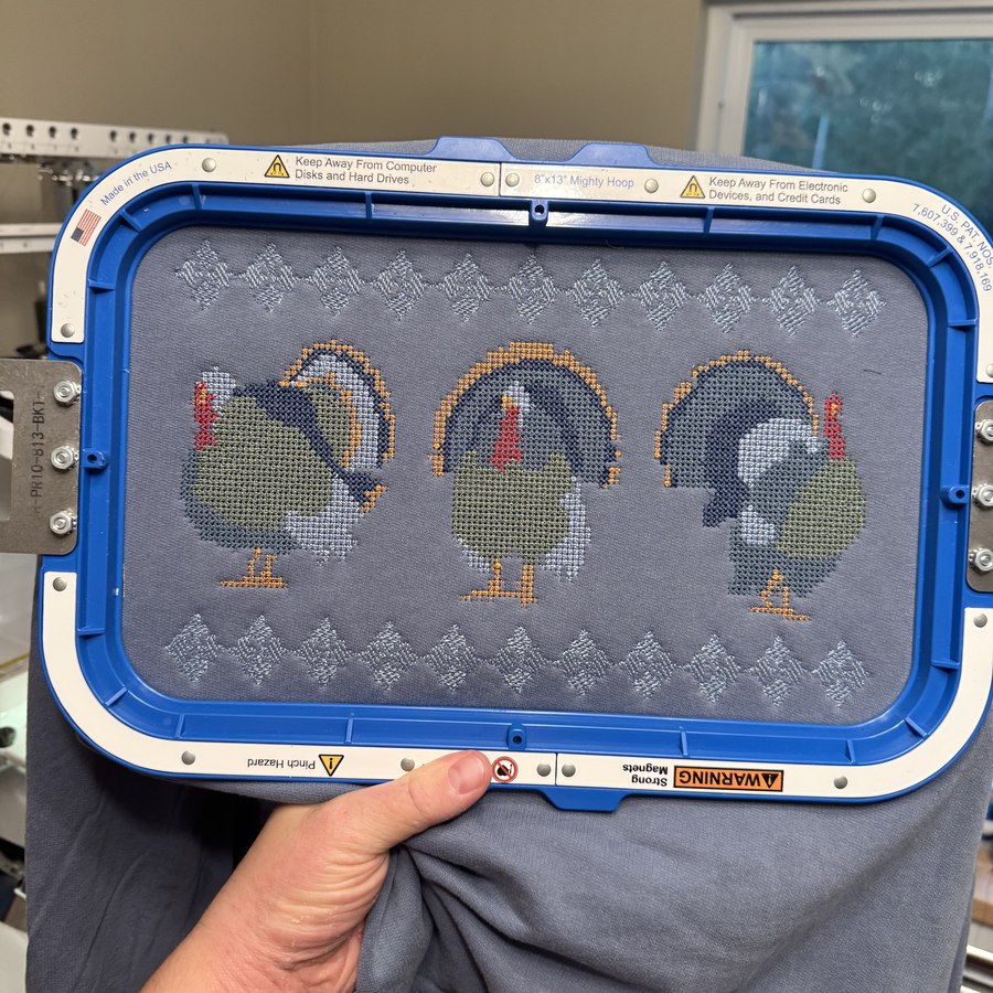 Turkey cross stitch design embroidered on a grey shirt