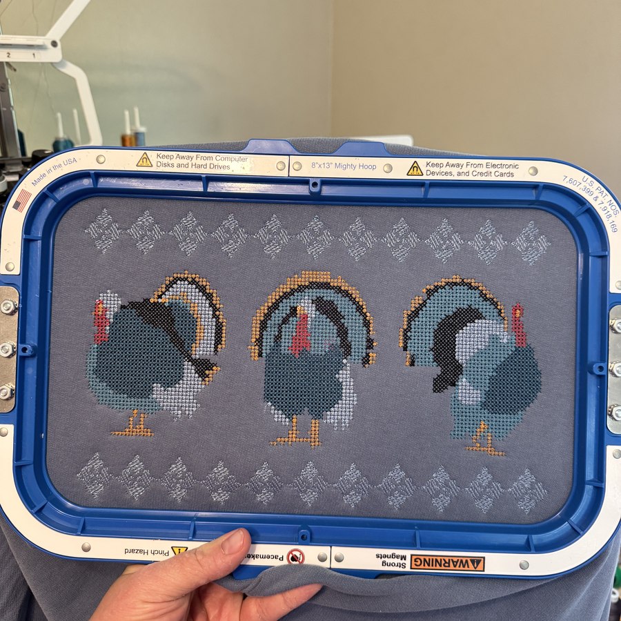 Turkey cross stitch design stitched out in teal and grey thread on a grey shirt