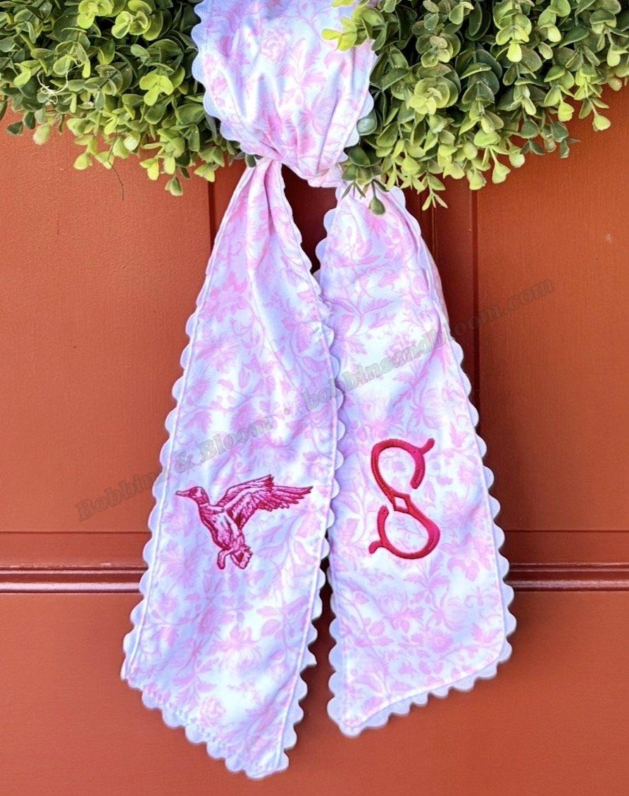 Green duck toile wreath sash with swimming duck and A monogram
