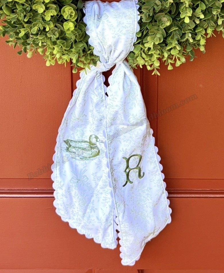 Pink duck toile wreath sash with flying duck and S monogram